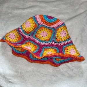 Colorful Crochet Bucket Hat - Orange, Pink, Teal & Yellow (Size: OS)